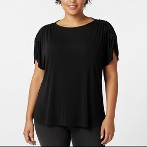 CHICOS Travelers Black Ruched Shoulder Cinched Crew Neck Pullover Top 4 XXL